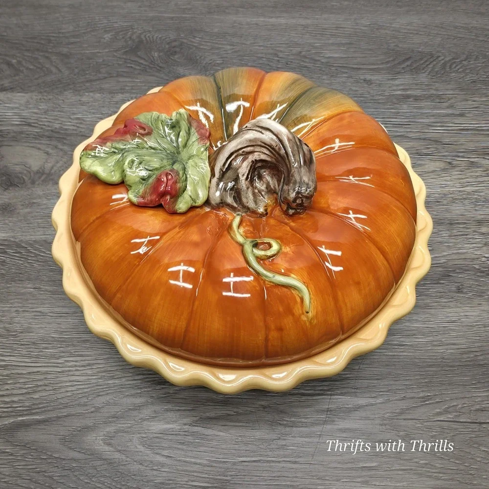 Vintage Cracker Barrel Ceramic Pumpkin Patch Pie Plate And Lid - Fall Is Here!!